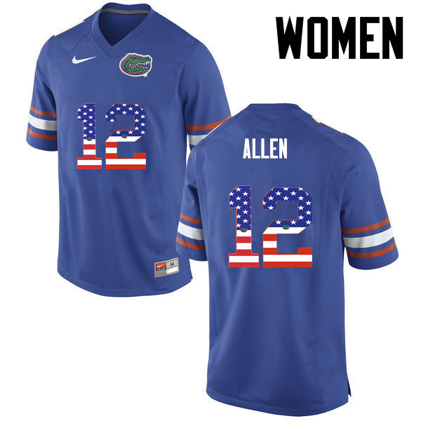 Women Florida Gators #12 Jake Allen College Football USA Flag Fashion Jerseys-Blue - Click Image to Close